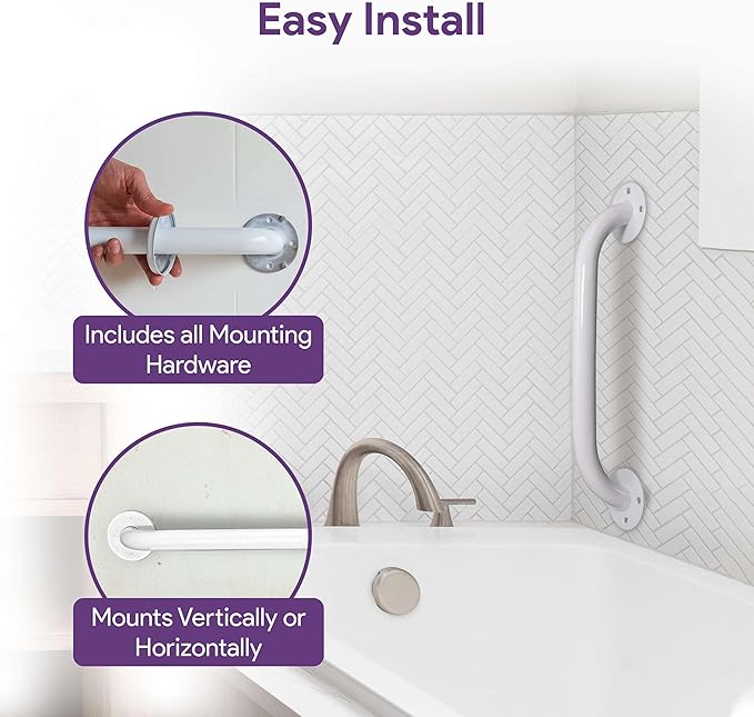 White 16 Inch Grab Bars for Bathtubs and Showers - Powder Coated Steel Bathroom Safety Rail Handle - Non Slip Grip Handicap Grab Bar for Seniors, 250 lbs Weight Support Capacity