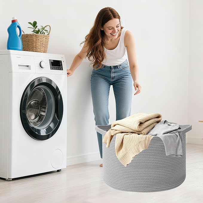 Large Storage Basket with Handle,19.7" L x 19.7" W x 13" H Blanket Basket Storage Bins for Organizing,65L Cotton Rope Woven Baskets for Living Room, Nursery ,Bedroom,Light Gry