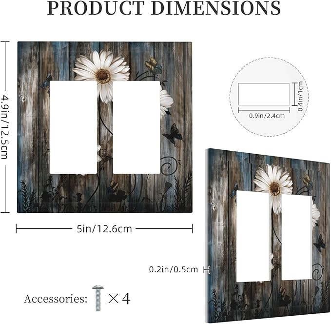 Rustic Wood Background Floral Butterfly Daisy Decorative Outlet Covers 2 Gang Double GFCI Rocker Electrical Wall Panels Light Switch Cover Plate for Farmhouse Bedroom Decor