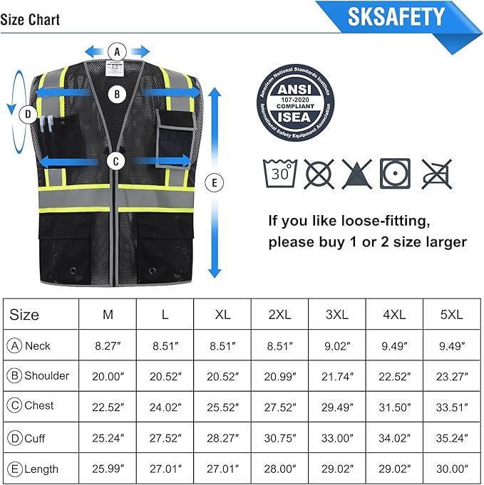 SKSAFETY 10 Pockets Safety Vest, Class 2 High Visibility Security with Zipper Double-sided mesh, Hi Vis Vest with Reflective Strips, ANSI/ISEA Standard, Construction Work Vest （Black, 5XL）
