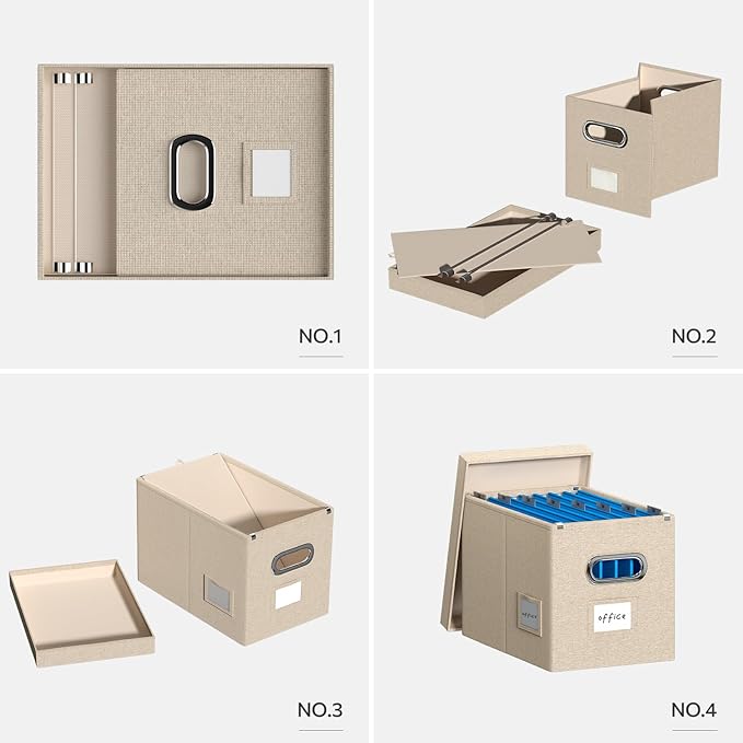 Hanging File Box with Lid, Set of 2 Filing Organizer Storage Box, Linen Collapsible Decorative Office/Home File Cabinet (14x9.3x10.9 inch) (Beige)