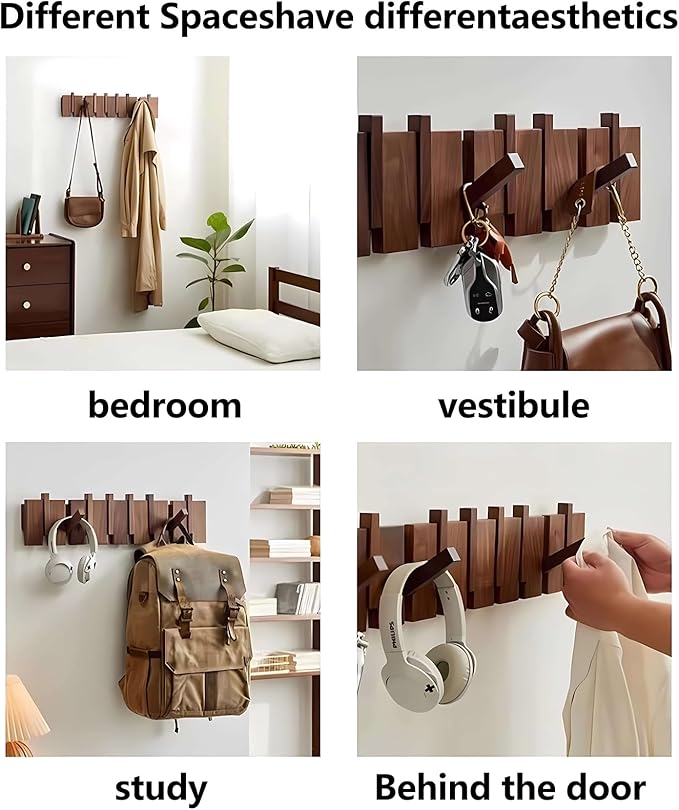 Wall Mounted Piano Key Hanger | Flip Style Hook | Entrance Wall Art Hook, Made of Oak Wood (3 Times Painted, 4 Times Polished) (Walnut, 6Hooks)