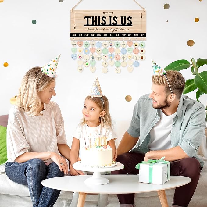 CHDITB Wooden 3D This is Us Birthday Calendar Wall Hanging(16"x6"), Rustic Family Friends Birthday Celebrations Reminder Tracker with Tags, Custom DIY Mother Gifts for Grandma