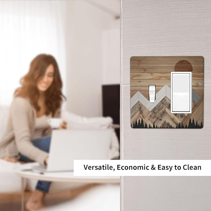Wooden Planks Mosaic Snow Mountain Sun Outlet Covers 1 Toggle 1 Rocker Combination Decorative Wall Plate Electrical Switch Plates Light Switch Cover Plate for Farmhouse Home Decor