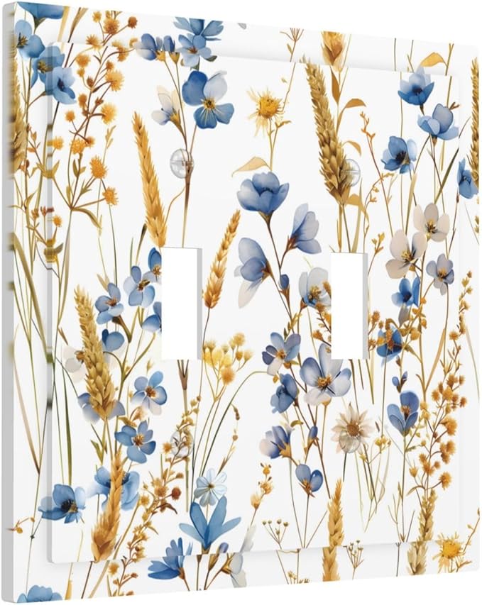 Vintage Wildflower Blue Gold Country Fall Wheat Floral Decorative Switch Plates 2 Gang Double Toggle Outlet Light Switch Cover Wall Plate Electrical Faceplate for Bedroom Living Room Decor