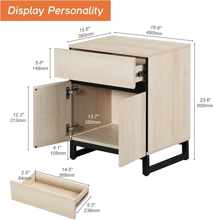 WAMPAT Modern End Table with 2 Open Door, Farmhouse Sofa Table with 1 Drawer and 1 Storage Cabinet, Wood Rustic Side End Table for Living Room, Nighstand for Bedroom, Light Oak