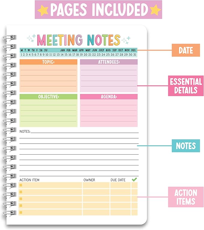 Meeting Notebook For Work Organization - Work Meeting Notebook for Women, Notebooks for Note Taking, Project Planning Notebooks, Note Books for Workers, Business Organizer Planner