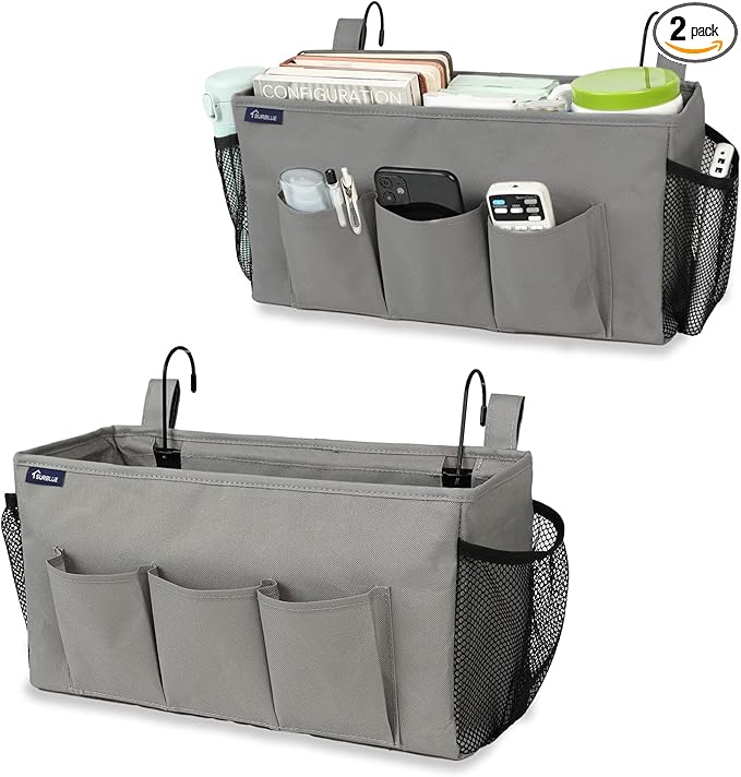 Surblue Bedside Organizer with Hook Caddy Hanging Storage Bag with Adjustable Straps and Water Bottle Holder for Home, College Dorm, Hospital Bed, Grey, 2PCS