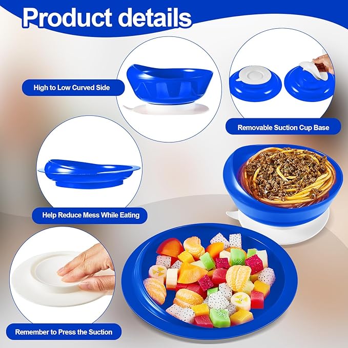 Hushee Adaptive Spill Proof Scoop Bowl and Plate Set with Suction Base Non Skid Self Feed Dinnerware for Elderly Disabled Handicapped from Parkinsons, Dementia, Stroke, Tremor(2 Sets,Blue)
