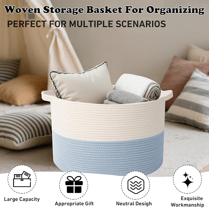 Large Storage Basket with Handle,23.6" x 23.6" x 15.7" Blanket Basket Storage Bins for Organizing,65L Cotton Rope Woven Baskets for Living Room, Nursery ,Bedroom,White&Blue
