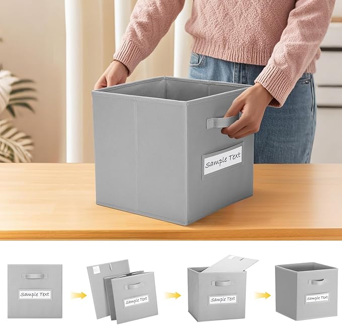 artsdi Fabric storage cubes (8 Pack) 13 Inch Cube Storage Bin, cube organizer bins with 8 Labels Window Cards & a Pen, Foldable cube organizer bins and Storage Box, Light Grey
