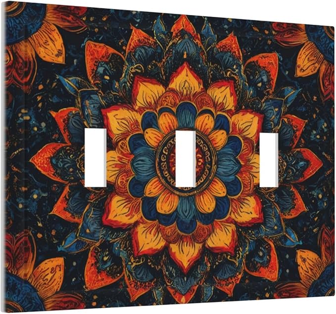 Colorful Oriental Floral Blooming Mandala Flower Triple Toggle Light Switch Covers Decorative 3 Gang Wall Plate Covers 3 Hole Electrical Device Switchplate Dimmer Faceplate for Bathroom Decor