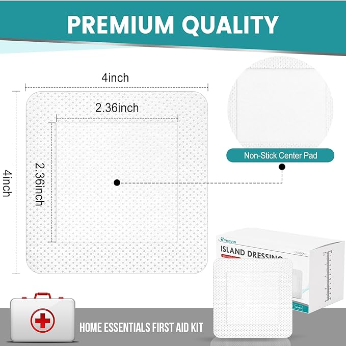 150 Count Island Dressing Bordered Gauze 4" x 4", Gauze Pads Individually Wrapped, Non-Stick Pad in Center with Adhesive Border, Bandages for Wounds, First Aid