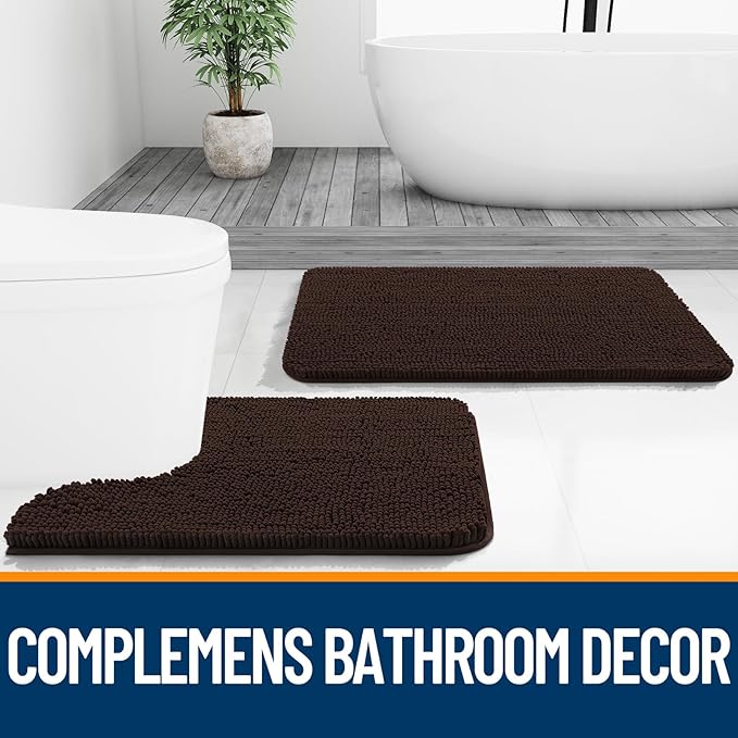 OLANLY Bathroom Rugs Sets 3 Piece, Soft Absorbent Chenille Bath Mats and U-Shaped Contour Toilet Rug, Quick Dry, Home Decor Accessories, Bath Mat Set for Bathroom (36"x24"+24"x16"+24"x20", Brown)