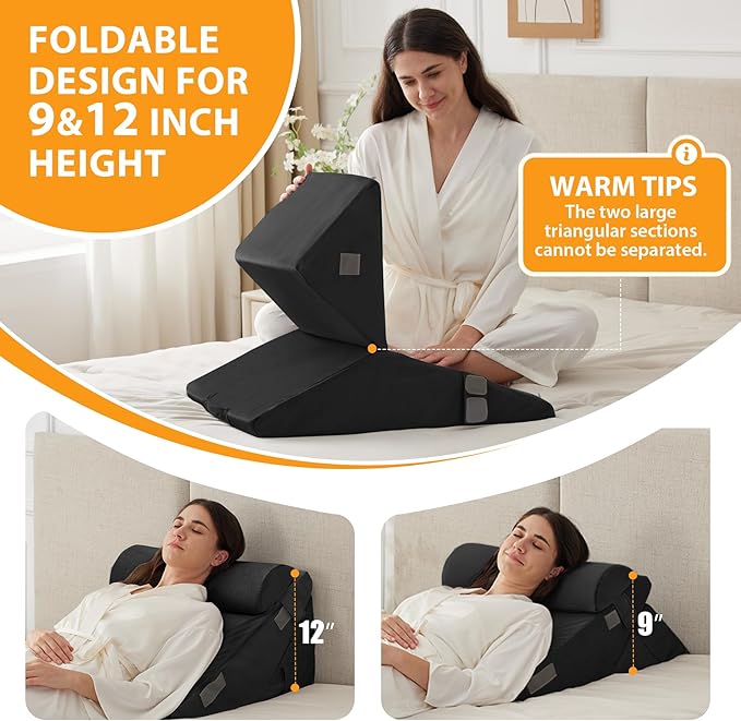 3PCS Wedge Pillow Set for After Surgery, Adjustable 9&12 Inch Bed Wedge Pillow for Sleeping, Incline Pillow Wedge for Headboard, Post Surgery, Acid Reflux, Neck&Back Support, Black