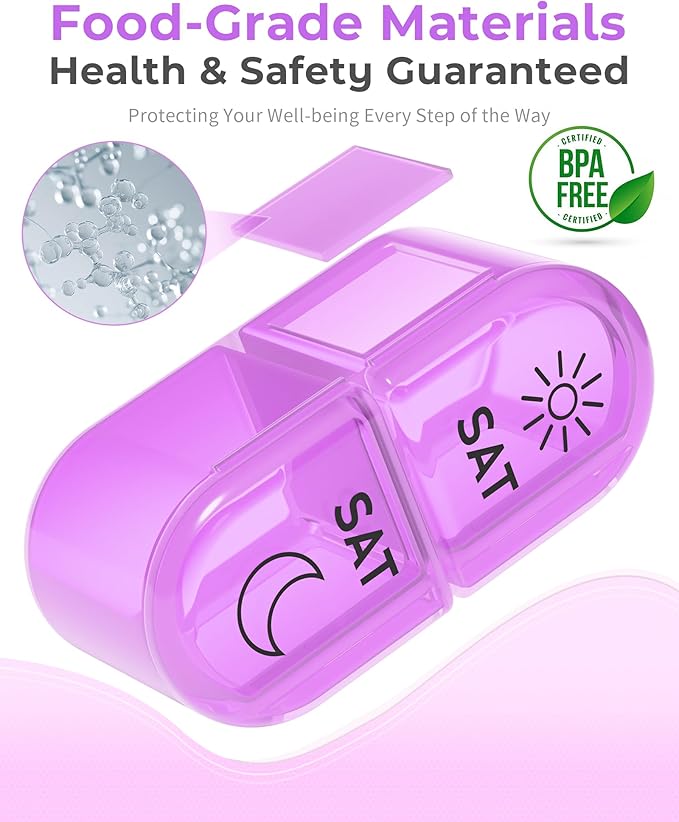 Pill Organizer, 𝐏𝐢𝐥𝐥 𝐁𝐨𝐱 𝟕 𝐃𝐚𝐲, AM & PM Medicine Organizer 7 Days, Weekly Pill Organinzer 2 Times a Day, Pill Case for Travel, Vitamins, Fish Oils, Supplements