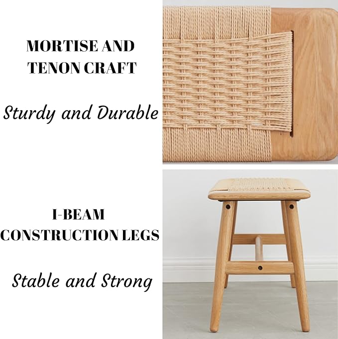 Wood Bench,100% Solid Oak Dining Bench with Woven Design, Sturdy Mortise Bench for Bench,Entryway,Dining,White/Beige Color, 43.31 x 11.81 x 15.98 inch