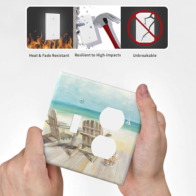 Decorative Light Switch Cover Plate Beach Chair Seascape Blue Ocean Modern Coastal 2 Gang Outlet Covers 1 Toggle 1 Duplex Wall Plate Decorate Electrical Switch Plate Covers for Bathroom Home