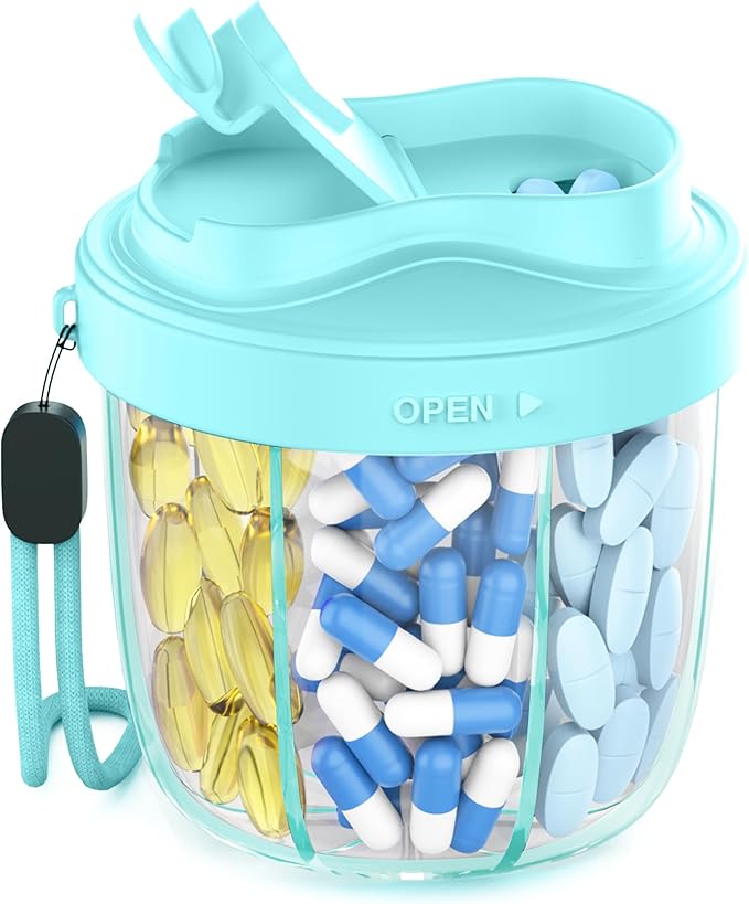 Pill Organizer,Pill Dispenser with 7 Large Compartments,Portable Pill Box for Travel, Anti-Mix Design & Wide Opening Design, Easy Access to Vitamin Dispenser, Includes 20 Blank Stickers（Blue）