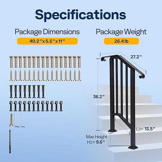 VIVOHOME 2-Pack 2 Step Galvanized Steel Hand Rails for Outdoor Steps – Curved Ends and Safety Balusters Exterior Railing for Porch, Deck, or Indoor Stairs, Complete Installation Kit