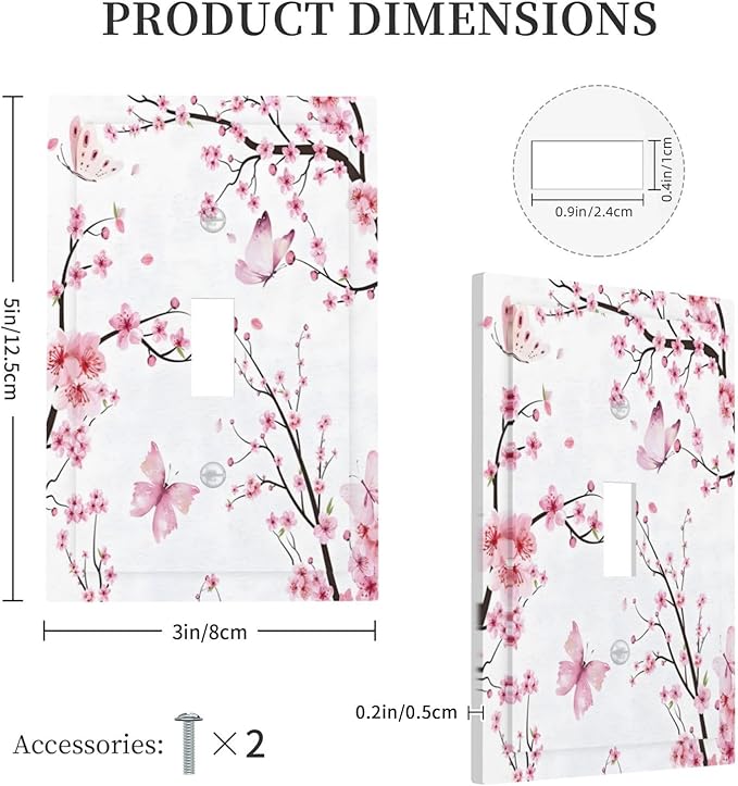 Cherry Floral Watercolor Pink Flowers Butterfly Decorative Light Switch Cover 1 Gang Single Toggle Device Electrical Faceplate Switchplates Decorator Outlet Wall Plate for Bed Room Living Room Decor