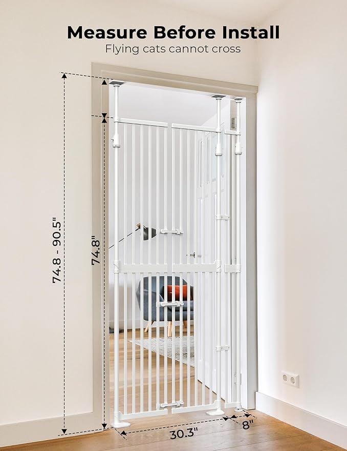 Extra Tall Cat Gate for Doorway: 74.8"-90.5" Tall Cat Gates for Pet 30.3"-38.2" Wide Pressure Mount No Wall Drilling for Indoor Stairs Doorway Room Door Dog Safety Barrier No Toddler