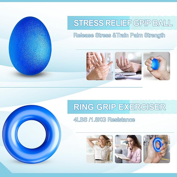 Grip Strength Trainer(5 Pack) with Finger Exerciser, Hand Grip Strengthener, Finger Stretcher,Grip Ring & Stress Relief Ball for Muscle Building and Injury Recover with Carry Bag