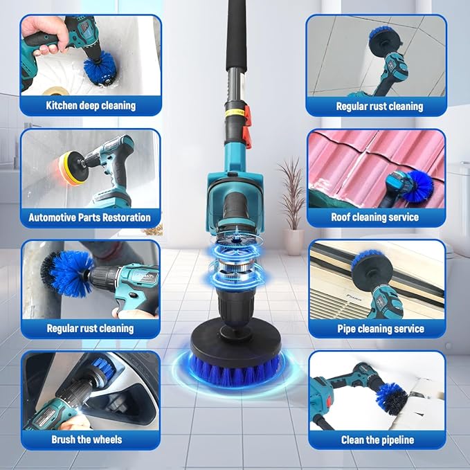 Cordless Power Drill Cleaning Tools Long Handle Scrub Brush for Surface Cleaning of Car Floors and Windows with 1*Max 20V Battery 2.4A Charger 1*Telescopic Rod 1*5MM Drill Bit 7*Pcs Drill Brush