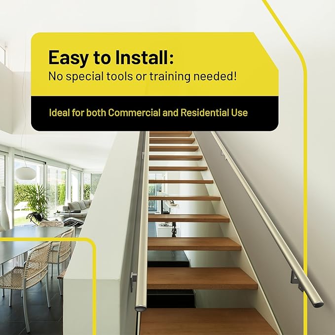Promenaid 9ft Flush Handrail Kit - Champagne - Complete Indoor/Outdoor Handrail for Stairs - 1.6" Round Anodized Aluminum Railing with 4 Nickel Plated Pivoting Wall Brackets & Flush Endcaps