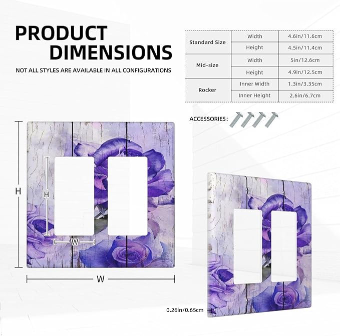 Outlet Covers Purple Rose Flower Rustic Wood Plank 2 Gang Wall Plate Double Rocker Light Switch Cover Decorative GFCI Receptacle Cover Electrical Switchplate for Farmhouse Bathroom Decor