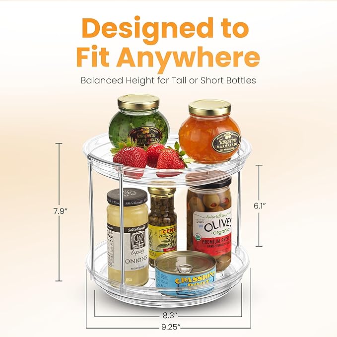Clear Two Tier Lazy Susan Organizer - 2-Pack Rotating Spice Rack Turntable for Kitchen Cabinet, Countertop, Bathroom or Dining Table - Spinning Carousel Racks for Counter and Pantry Cabinet Storage