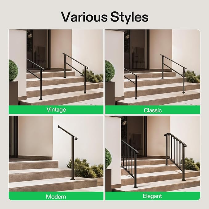 VIVOSUN Outdoor Handrail, 3 Step Stair Handrail, 27.5" x 18.5" Fits 1 to 3 Steps, U-Shaped Wrought Iron Stair Railing, Wall-Mounted Safety Rail for Concrete Step, Porch Steps, One-step Assembly, Black