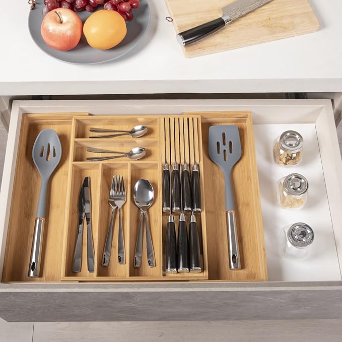 Bamboo-Silverware-Drawer-Organizer-Kitchen, Expandable Utensil Holder Cutlery Tray Flatware Organization Adjustable Wood Tableware Dividers Storage (with Removable Knife Block)(Natural)