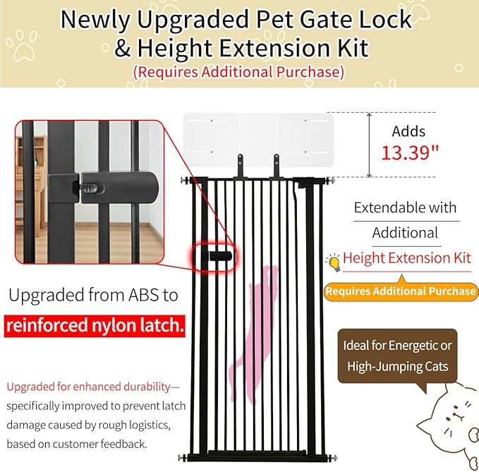 Lumizone Extra Tall Cat Gate 55.12" High Pressure Mounted Extra Wide 2025 New (17 Sizes) 1.37" Gap No Drilling Auto-Close One-Handed Operation Tall Pet Gate for Dogs(Black, 55.12" H x 84.45"-88.57" W)