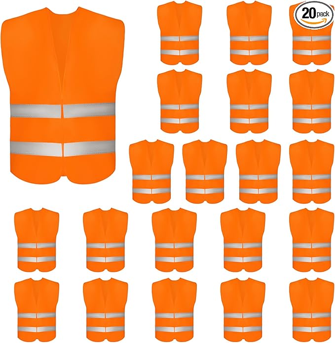 DUSKCOVE 20 Pack High Visibility Safety Vests with 2 Hi Vis Reflective Strips for Men and Women - Neon Orange Construction Vests for Traffic Work, Running, Surveyor and Security Guard
