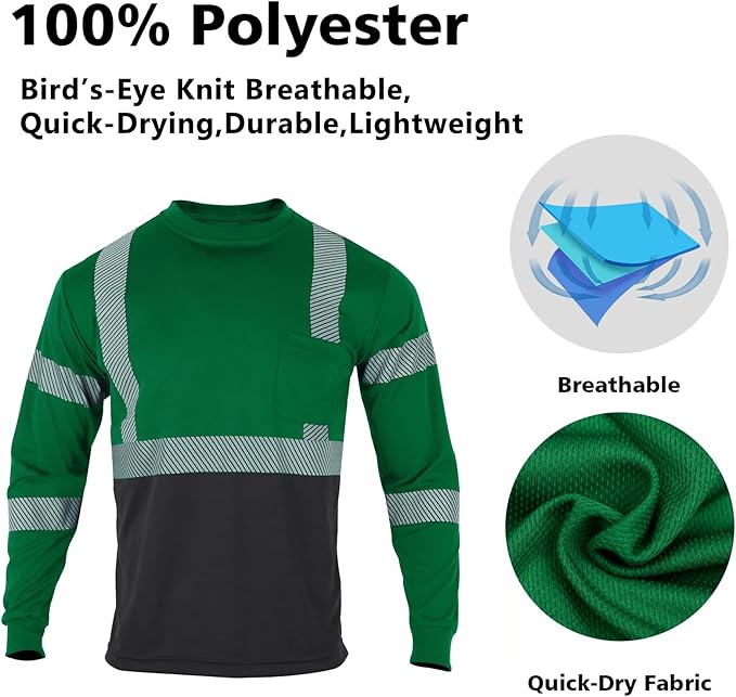 VENDACE Safety Reflective High Visibility Long Sleeve Shirts ANSI Class 3 Hi Vis Construction Work T Shirts for Men