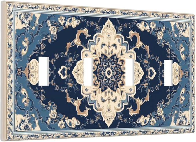 Decorative Switch Plate Covers Boho Beige Navy Blue Medallion 4 Gang Light Switch Cover Plate Quad Toggle Wall Plate Dimmer Faceplate for Country Bathroom Bedroom Decor