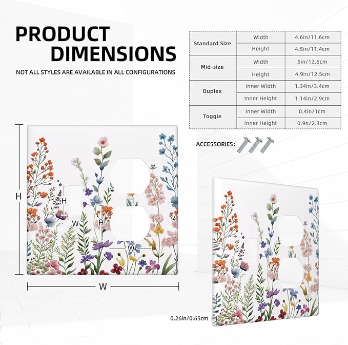 Rustic Wild Floral Vintage Colorful Flowers Outlet Covers 2 Gang Combination 1 Toggle/1 Duplex Light Switch Cover Decorative Gfci Wall Plate Electrical Receptacle Switchplate Bathroom Decor