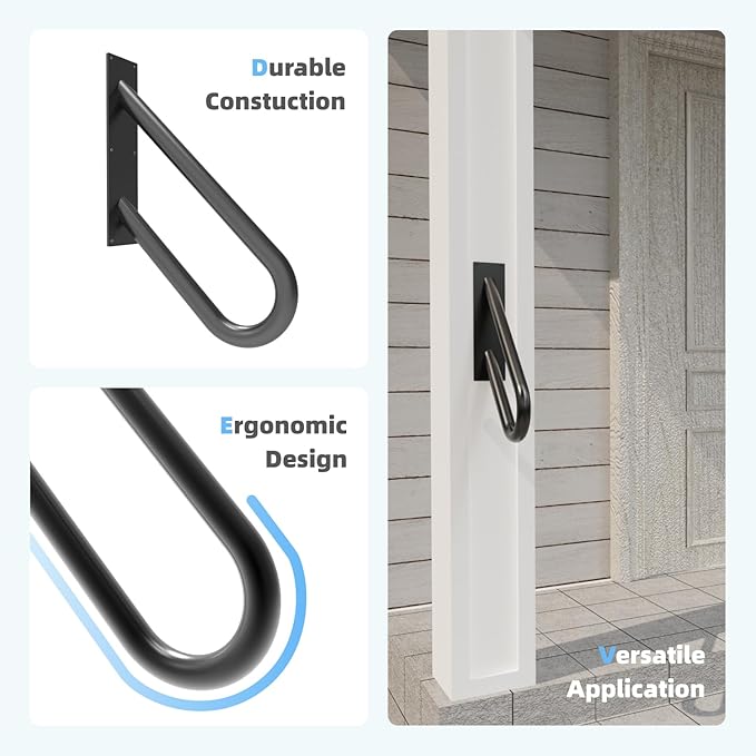 Handrails for Outdoor Steps Wall Mount, Railings for 1-2 Steps, U-Shaped Handrail with Matte Black Finished, Stair Handrails for Garage, Porch, Yard and Garden (18" Length, 1.25" Pipe)