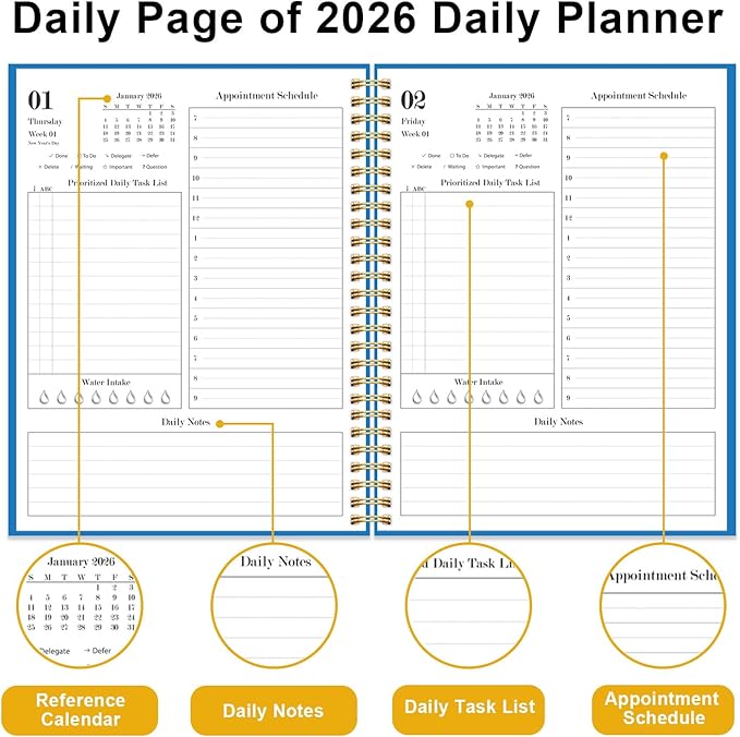 Daily Planner 2026 - Full Page Per Day, Jan 2026 to Dec 2026, 2026 Daily Planner with Spiral Bound, Inner Pocket, Perfect for School Office Supplies, 7'' x 10'', Blue