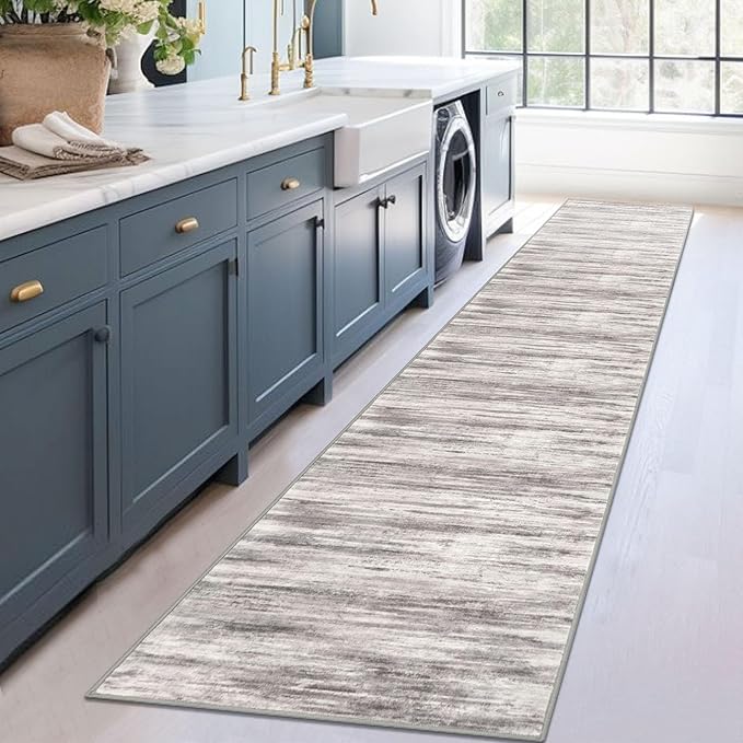 KOZYFLY Modern Abstract Hallway Runner, 2x12 Washable Rug Runner Non-Slip Soft Striped Kitchen Runner Rug, Grey Beige Print Carpet for Entryway Bathroom Laundry Room Foyer