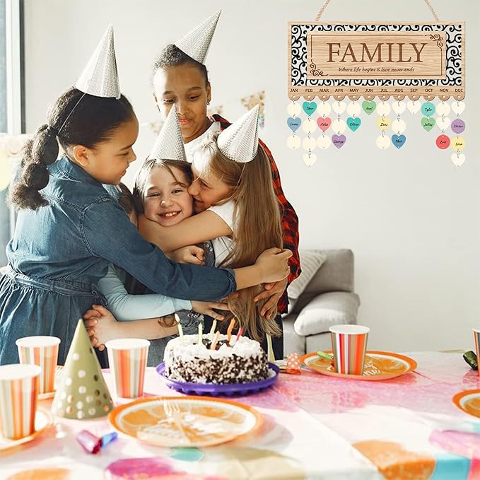 KAlRNE Family Birthday Reminder Board,Birthday Calendar Hanging Wooden Plaques,Rustic Calendar with 100 Tags,Hollow-Out Design Farmhouse Reminder Wood Board,Gifts for Mom Nana Parents Grandparents