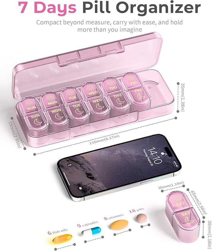 Pill Organizer 2 Times a Day, AM PM Pill Organizer 7 Day, Weekly Pill Box 2 Twice a Day, Travel Pill Case 7 Days, Medicine Organizer for Medication Vitamins, Fish Oils, Supplements