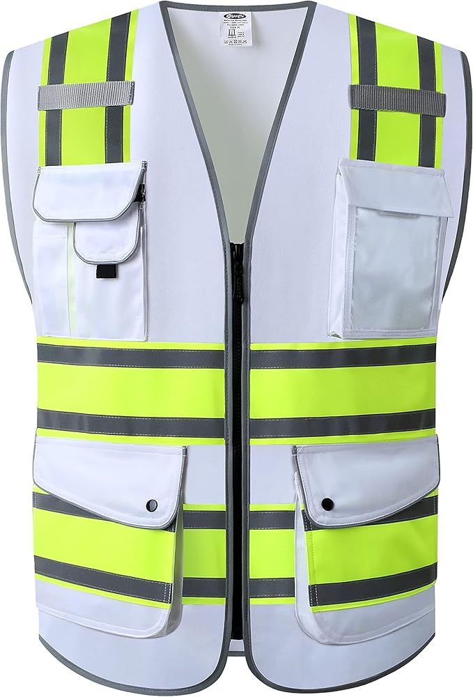 JKSafety 9 Pockets High Visibility Zipper Front Safety Vest | White with Neon Yellow Extended Trims High Reflective Strips | Meets ANSI/ISEA Standards (901-White, 3X-Large)