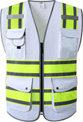 JKSafety 9 Pockets High Visibility Zipper Front Safety Vest | White with Neon Yellow Extended Trims High Reflective Strips | Meets ANSI/ISEA Standards (901-White, 3X-Large)