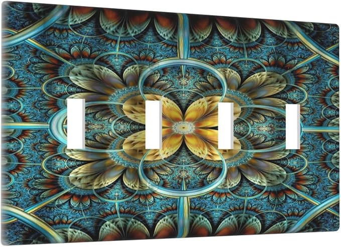 Light Switch Cover Boho Fractal Mandala 4 Gang Switch Plate Quad Toggle Wall Plates Bohemia Decorative Switchplate Electrical Outlet Cover Plates for Bathroom Bedroom Decor