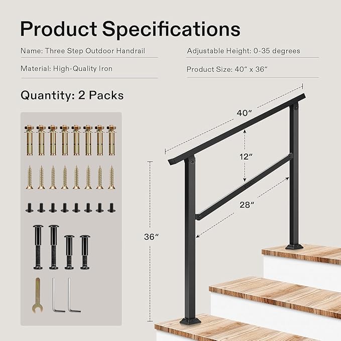 VIVOSUN 2-Pack Outdoor Handrail, 3 Step Stair Handrail, 40" x 36" Fits 1 to 3 Steps, Wrought Mattle Iron Handrail for Concrete Steps, Porch Steps, One-Step Assembly, 2 Packs, Black