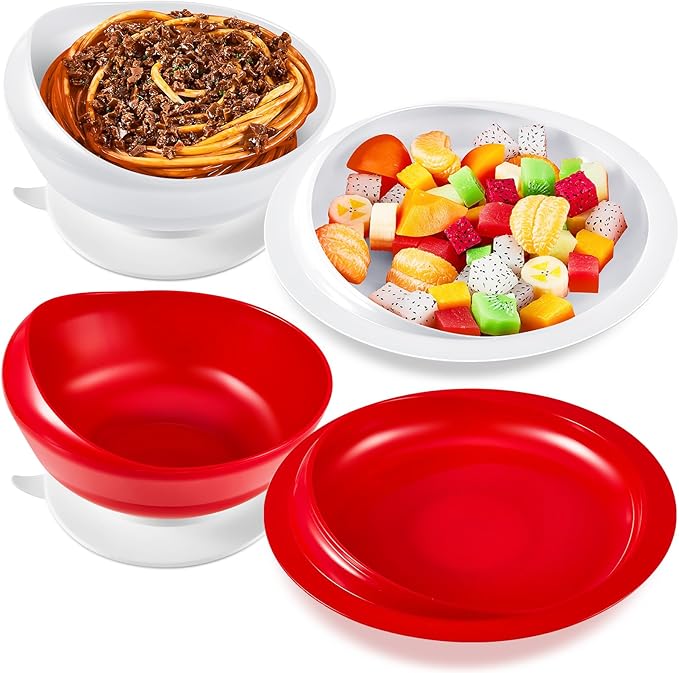 Hushee Adaptive Spill Proof Scoop Bowl and Plate Set with Suction Base Non Skid Self Feed Dinnerware for Elderly Disabled Handicapped from Parkinsons, Dementia, Stroke, Tremor(2 Sets,Red and White)