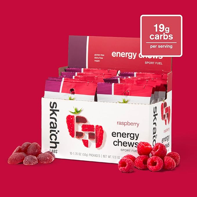 Skratch Labs Energy Chews | Gummies for Running, Cycling, and Sports Performance | Gel Alternative | Raspberry (10 Pack) | Gluten Free, Vegan