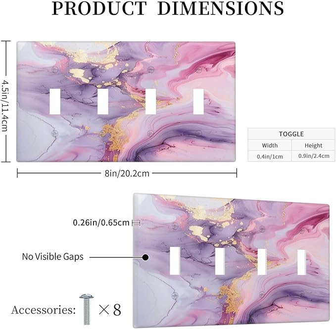 Light Switch Covers Pink Marble Abstract Purple Gold Texture Quad Toggle Electrical Faceplate 4 Gang Wall Plate Decorative Switch Plates for Bathroom living Room Decor